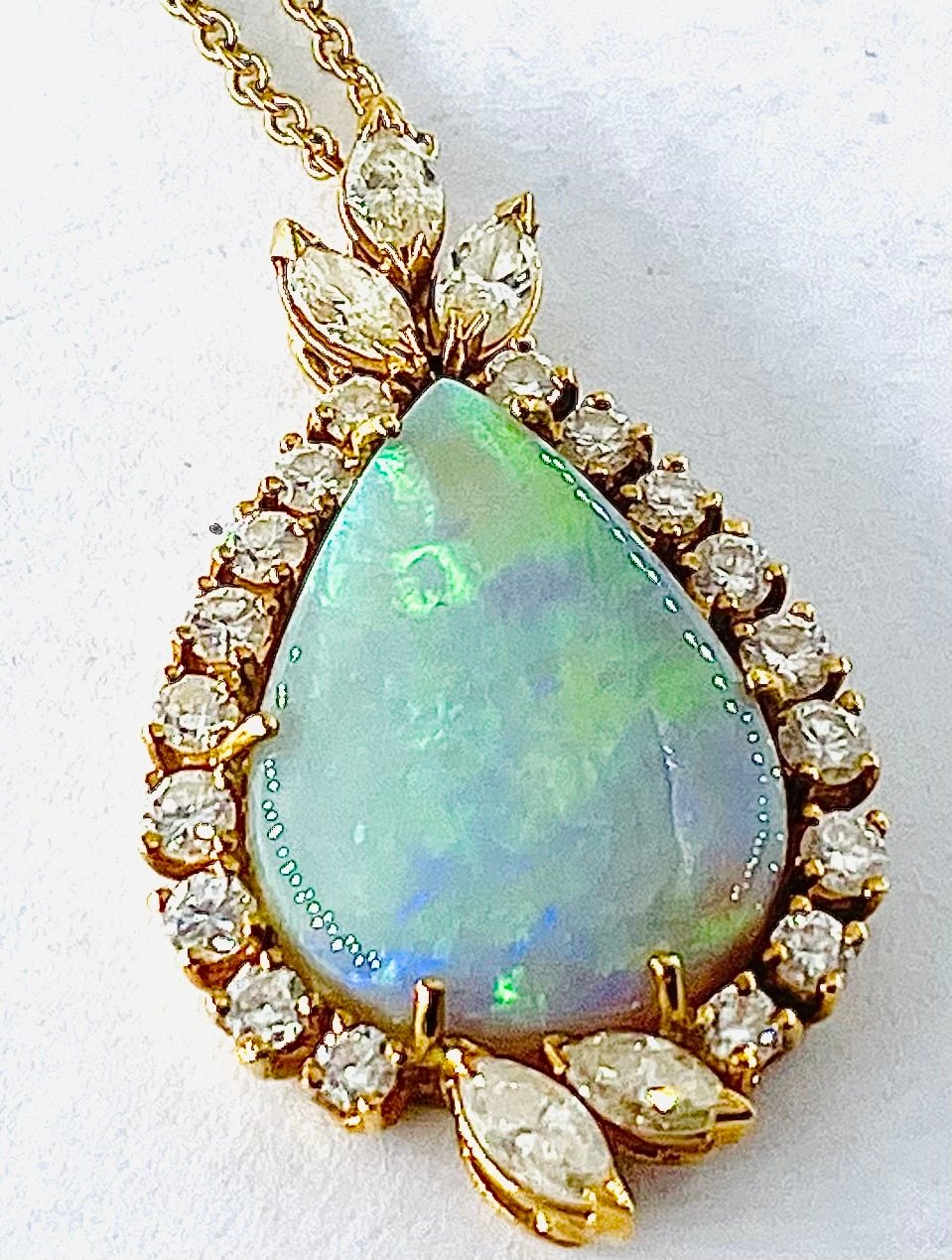 Antique Australian Opal and Marquise Diamond Pendant Necklace