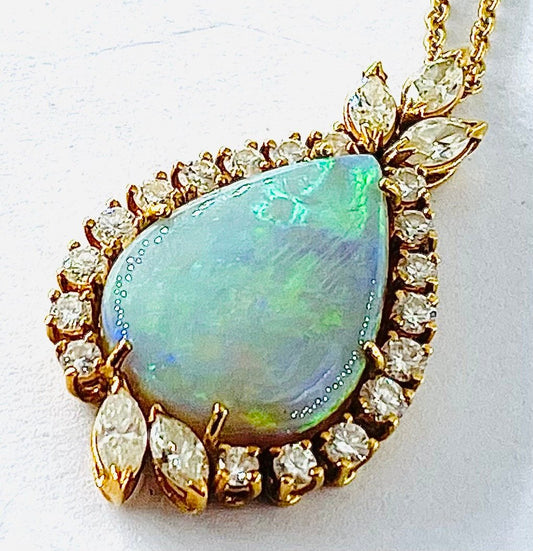 Antique Australian Opal and Marquise Diamond Pendant Necklace