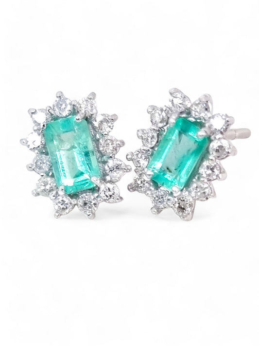 Estate Natural Zambian Emerald Halo Stud Earrings with Pave Diamonds in 18K Gold