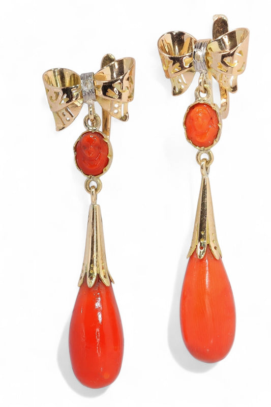 Antique Rose Cut Diamond Bow Drop Coral 18K Yellow Gold Earrings