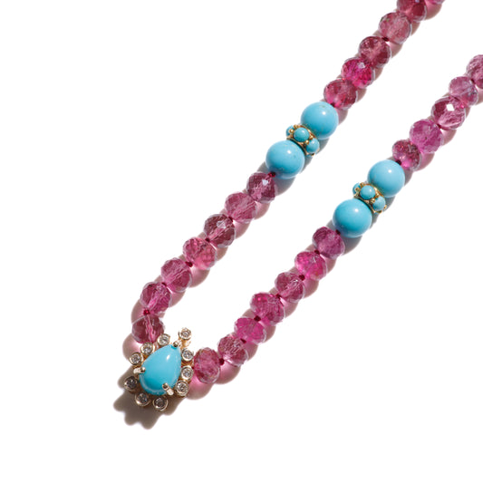 Genuine Sleeping Beauty Turquoise Tourmaline Beaded Diamond Necklace