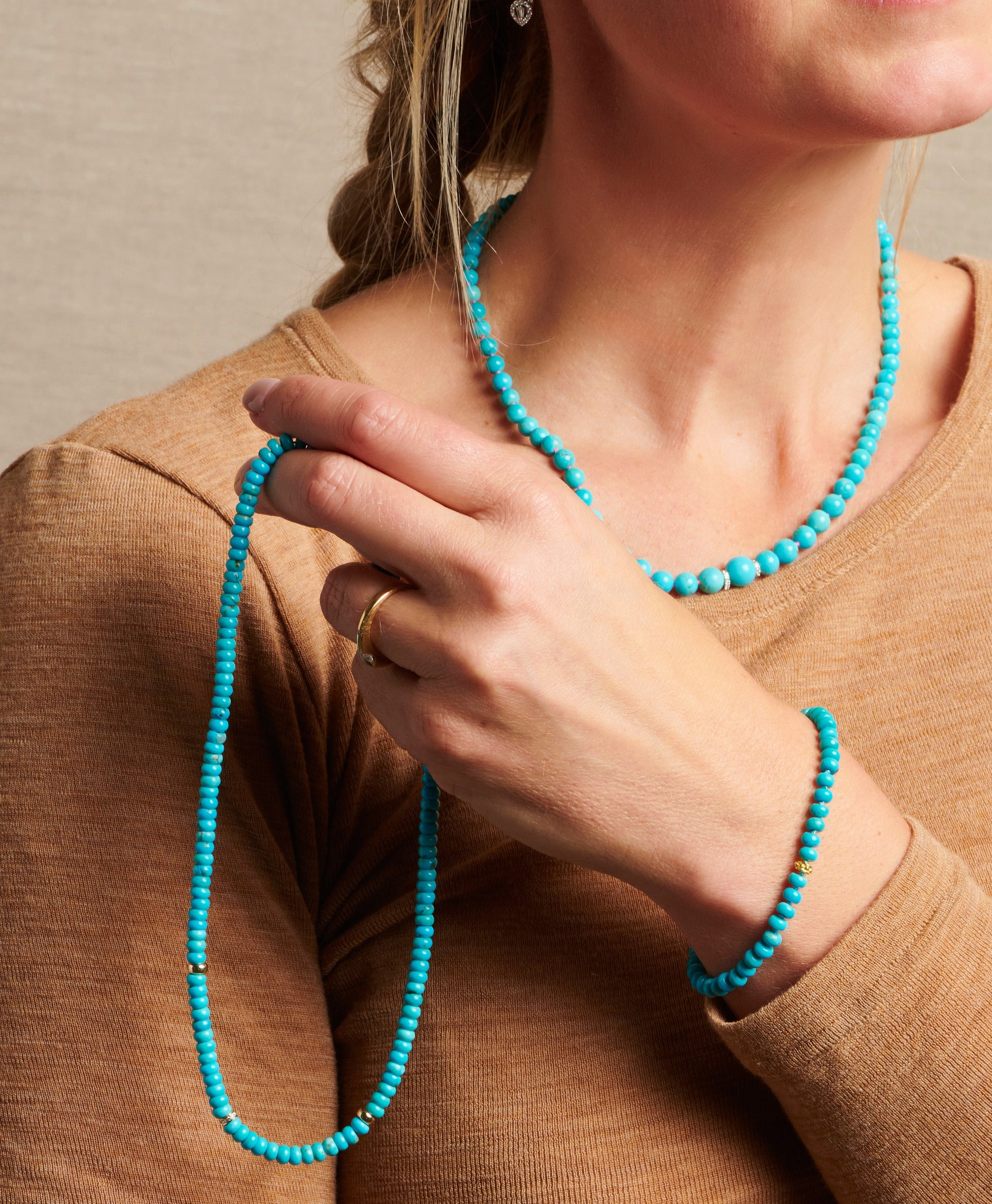 Sleeping Beauty Turquoise Beaded Necklaces around neck