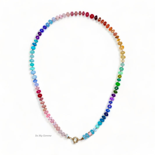 solid gold rainbow gemstone hand knotted necklace