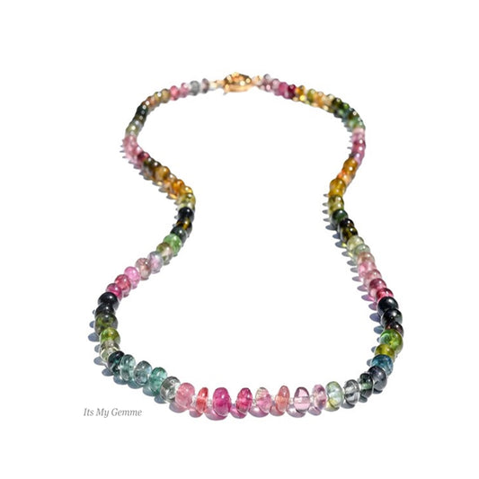 Rainbow Tourmaline Candy Necklace with Sapphire in Solid Gold