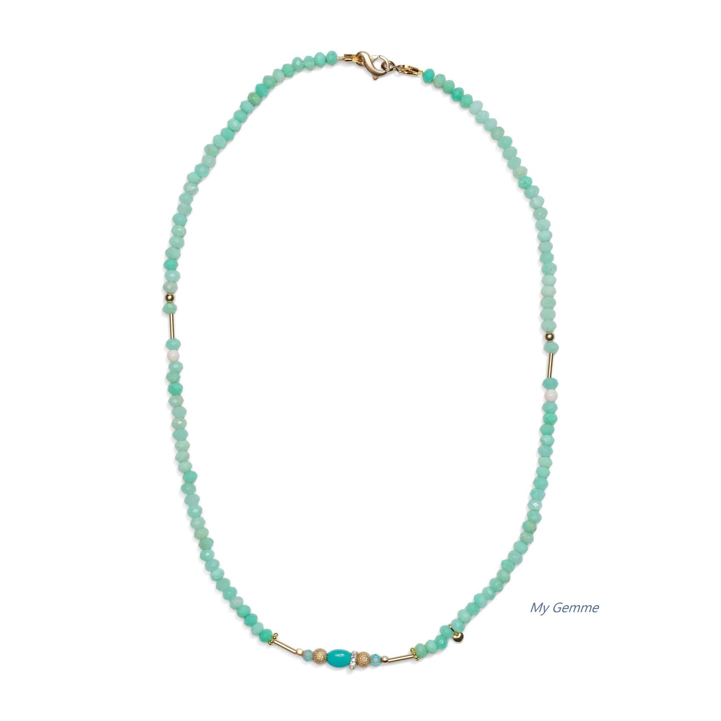 Collier bohème vert - or 14 carats chrysoprase, turquoise et coraux