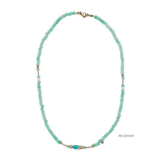 Collier bohème vert - or 14 carats chrysoprase, turquoise et coraux