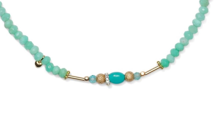 Collier bohème vert - or 14 carats chrysoprase, turquoise et coraux