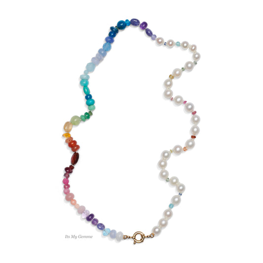 Pearls & Rainbow Beaded Candy Necklace in 14K Solid Gold