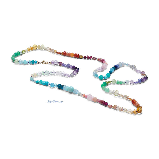 The Endless Rainbow- Hand Knotted Rainbow Gemstone Necklace with Sapphire and Solid Gold 14K