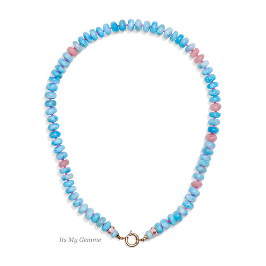 Blue Larimar And Pink Opal Bead Candy Necklace