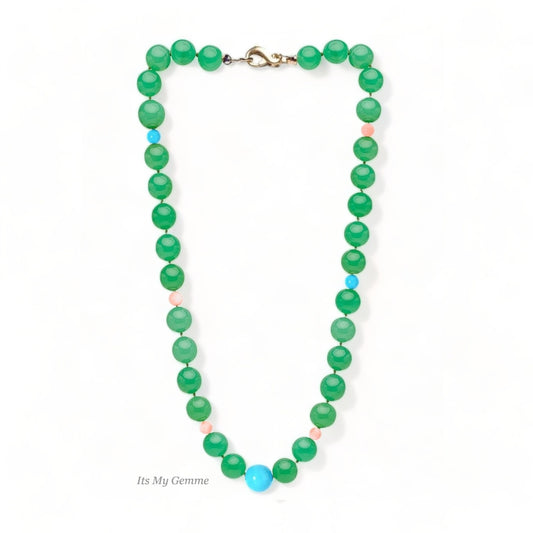 chrysoprase beaded necklace with turquoise and pink coral