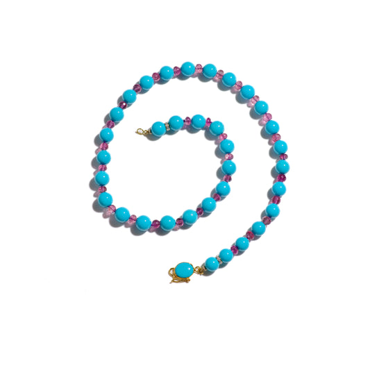 Genuine Sleeping Beauty Turquoise and Pink Tourmaline Diamonds 18K Gold Necklace