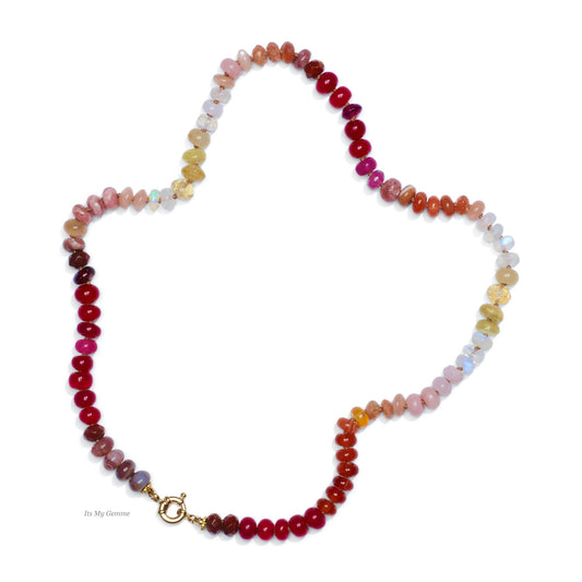 Vibrant Rainbow Moonstone Beaded Candy Necklace with Sapphires in 14K Gold