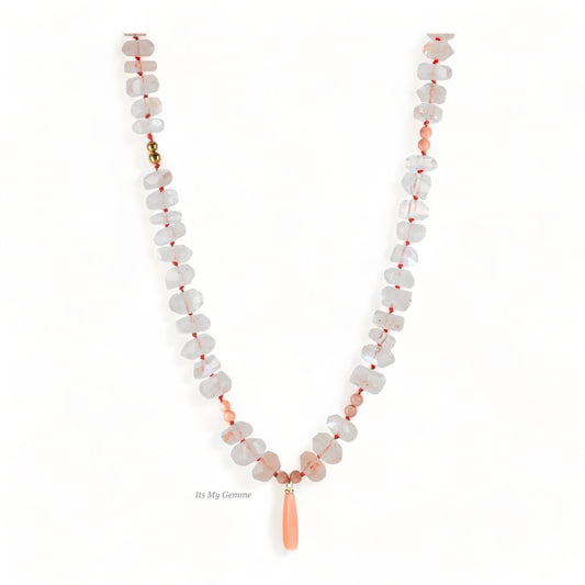 rainbow moonstone necklace knotted with pink coral beads