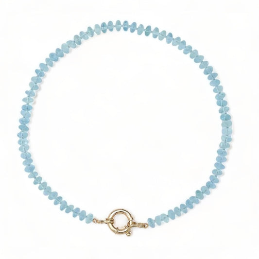 Transiculent Aquamarine Beaded Candy Necklace in 14K Solid Gold