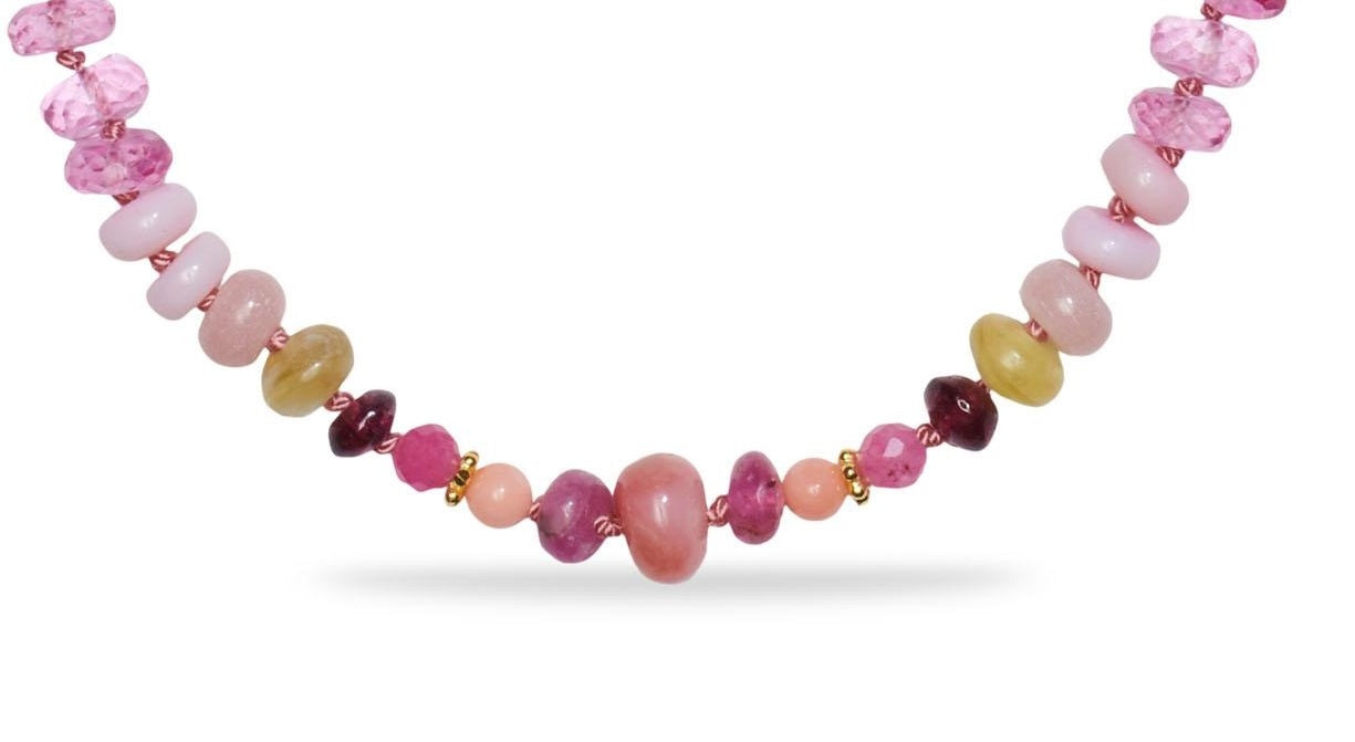 Gold Beaded Pink Peruvian Opal and Garnet Necklace