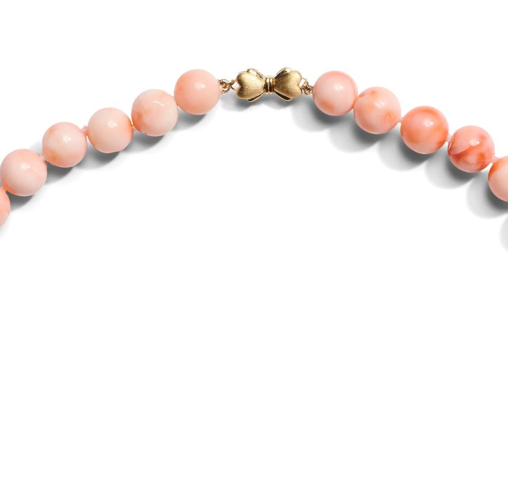 Pink Angel Skin Coral 70's Bead Necklace in 14K Yellow Gold