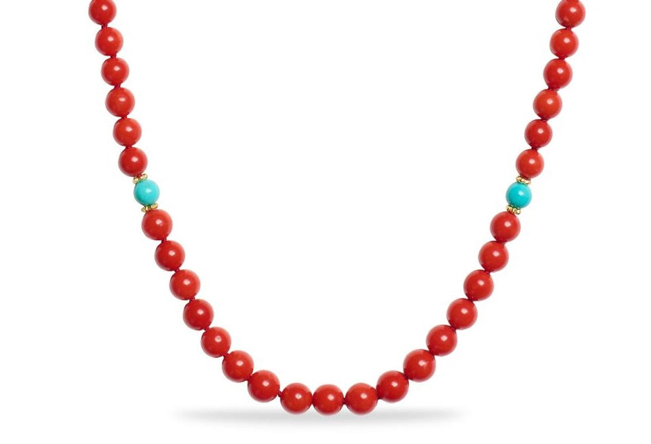 Italian Red Blood Coral Necklace with Turquoises in 14K Gold