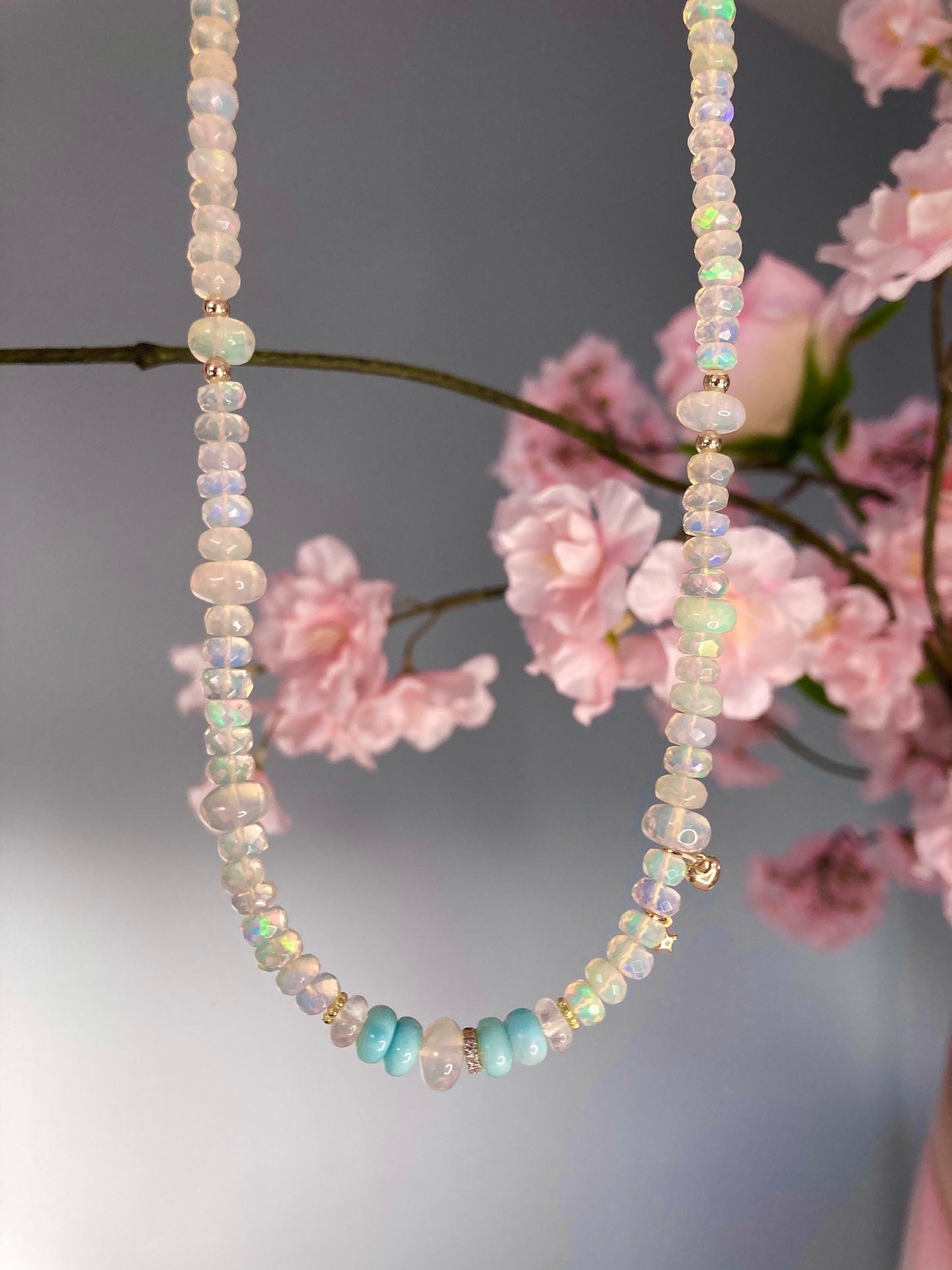 ethiopian opal beaded candy necklace with gold charms