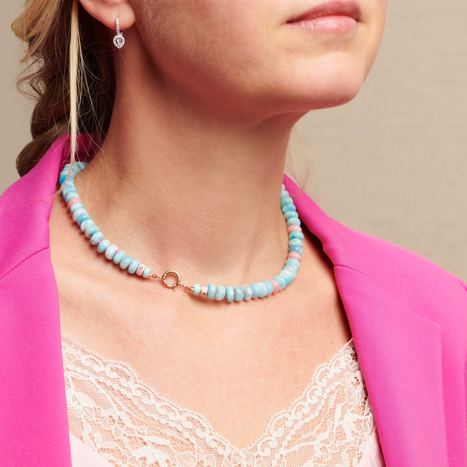 pink opal and larimar beaded candy necklace