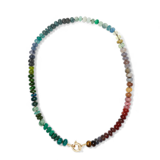 Garnet Beaded Candy Necklace with Opals and Moonstones in 14K Gold