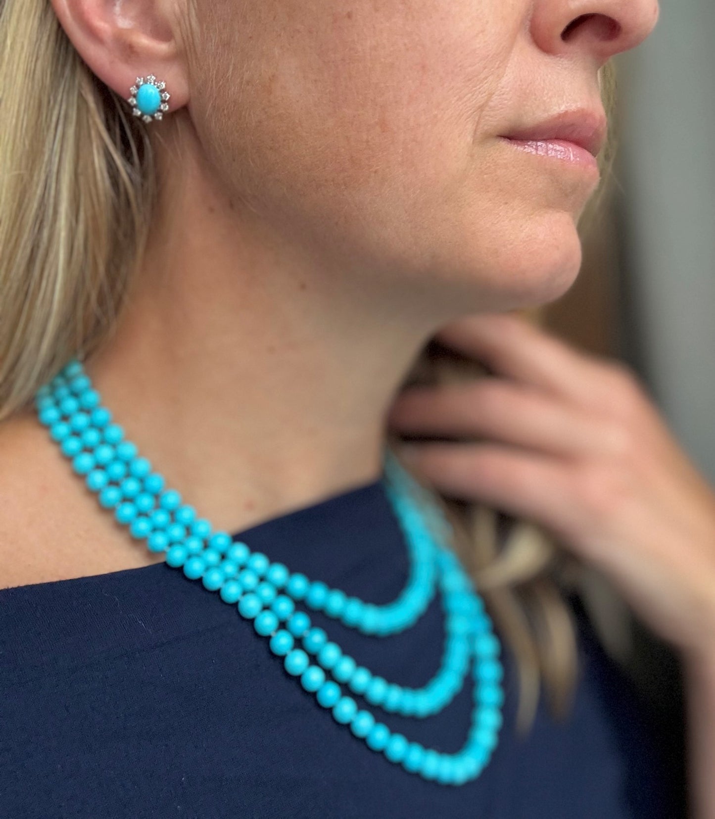 Triple Layered Sleeping Beauty Turquoise Diamond Necklace