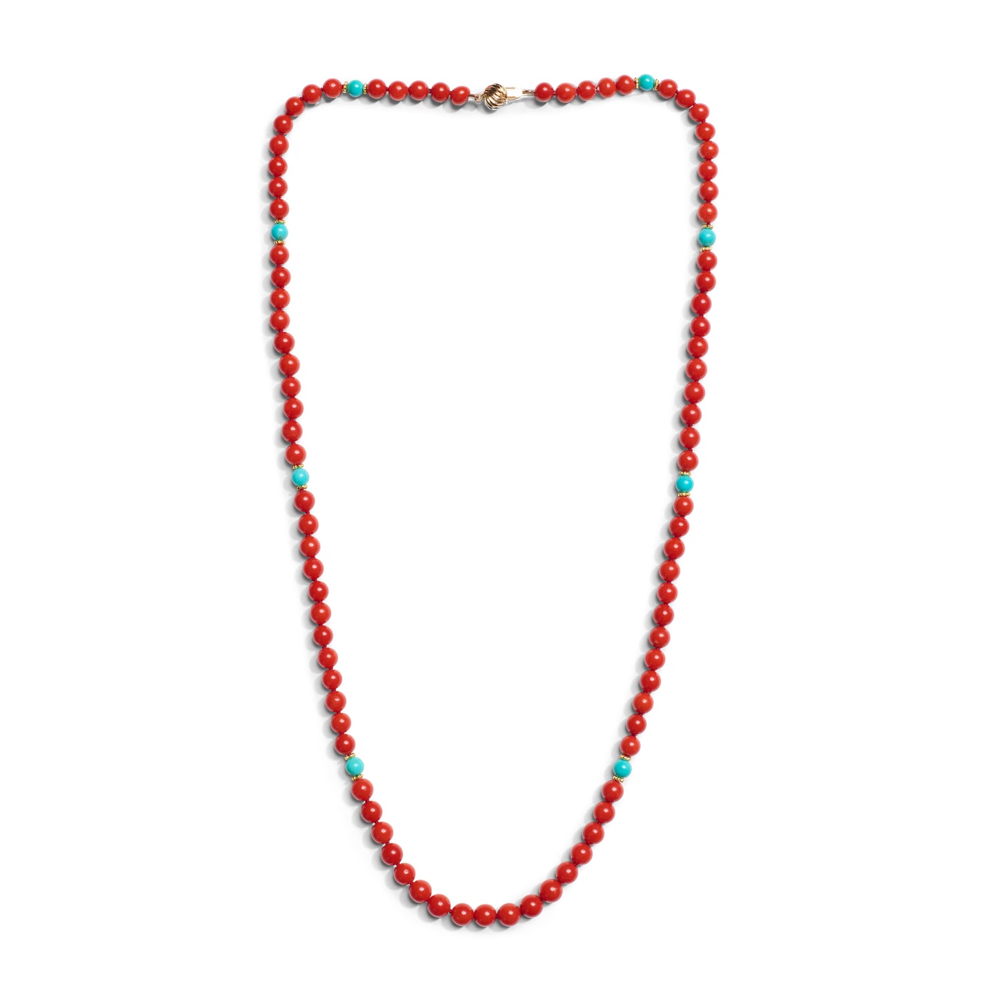 Italian Red Blood Coral Necklace with Turquoises in 14K Gold