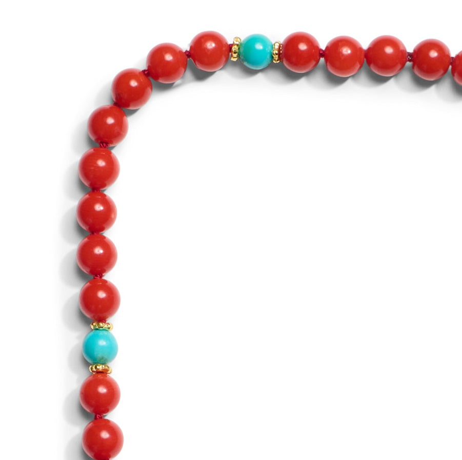 Italian Red Blood Coral Necklace with Turquoises in 14K Gold