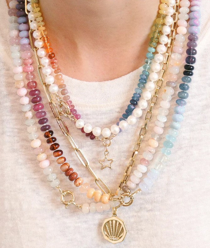 Gemstone Necklaces with Pearls around neck