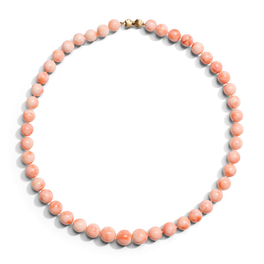 Pink Angel Skin Coral 70's Bead Necklace in 14K Yellow Gold