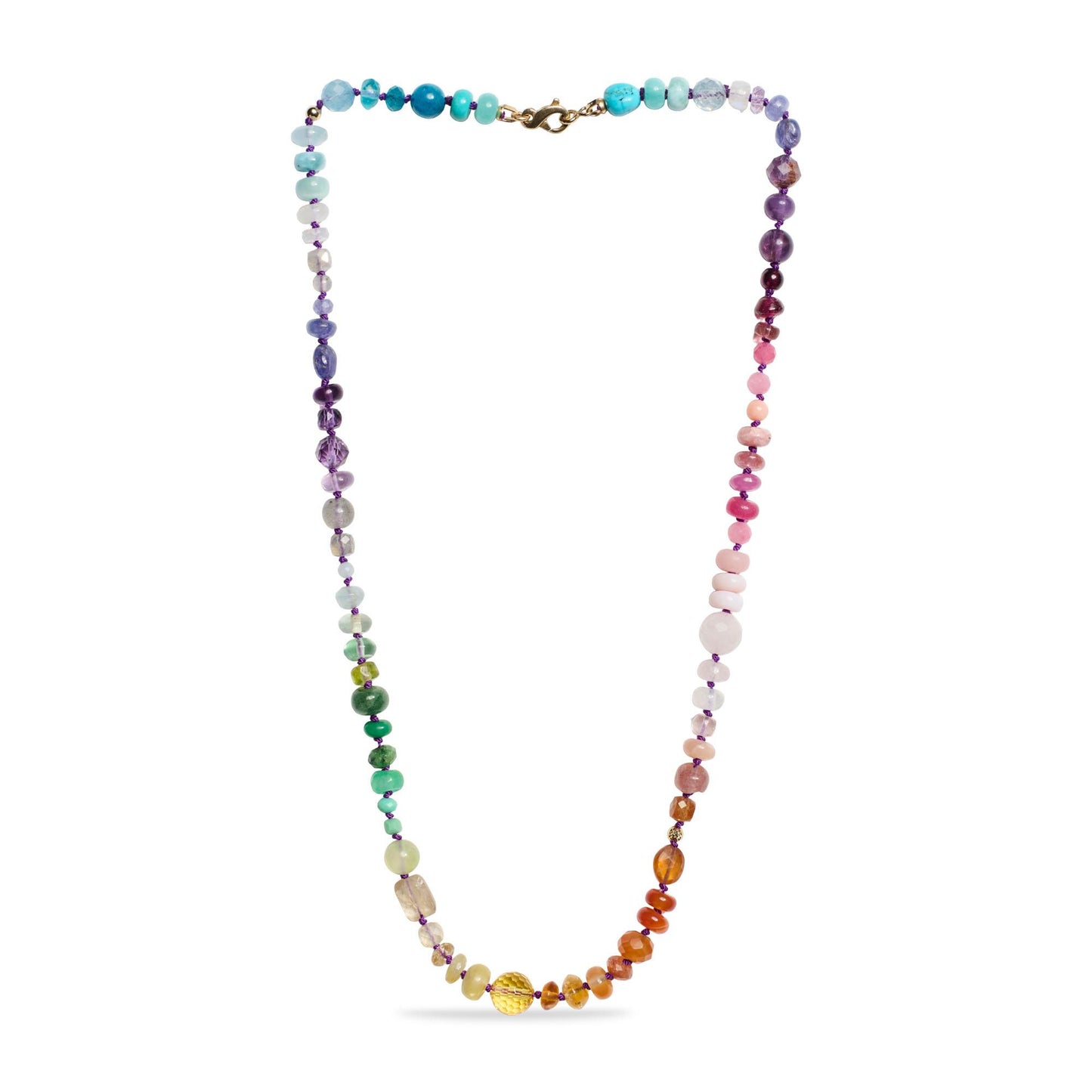 Long collier de pierres précieuses multi-arc-en-ciel avec or massif 14 carats