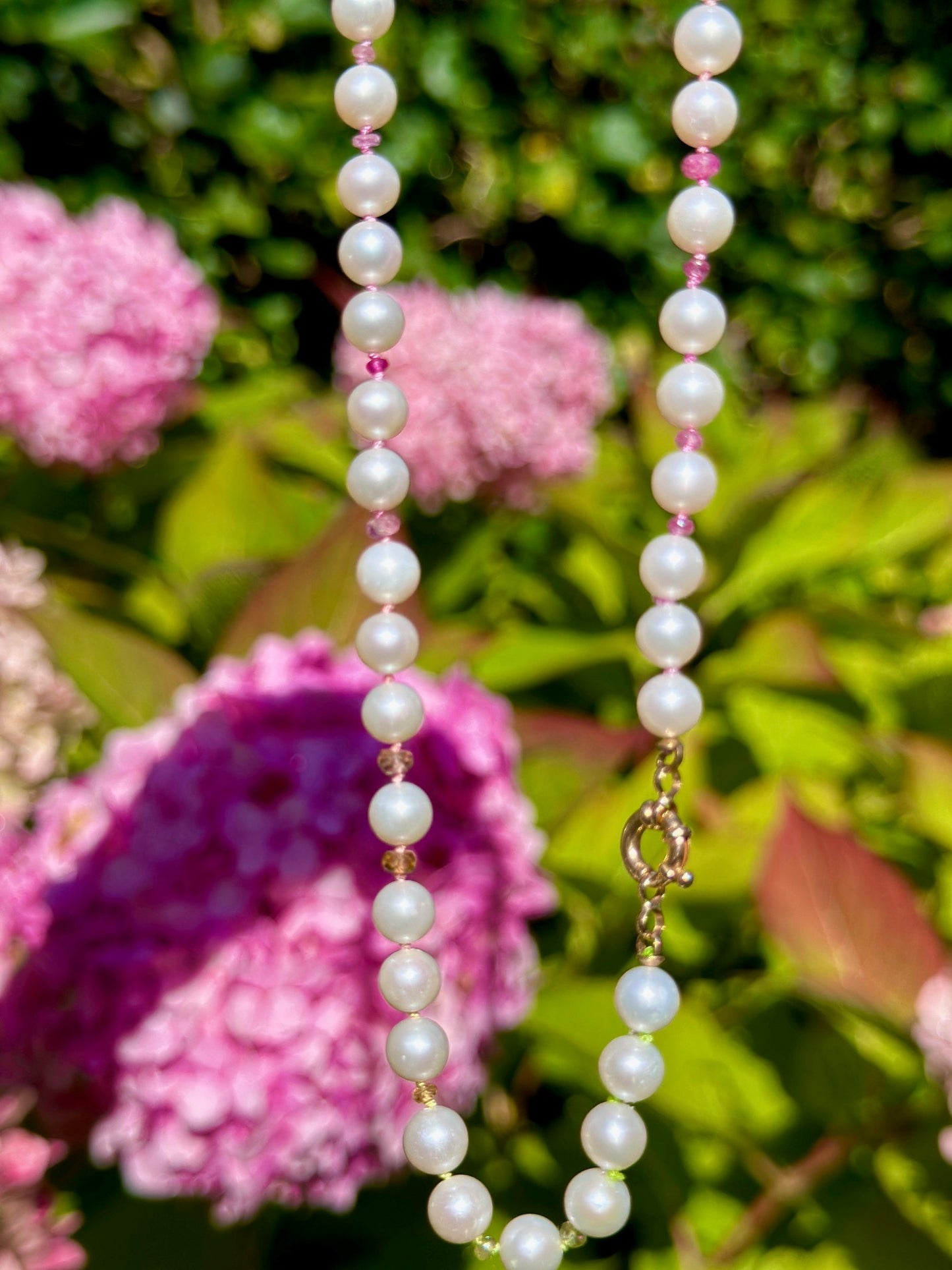 Rainbow Pearls & Sapphire Necklace Hand Knotted on Multi Color Silk