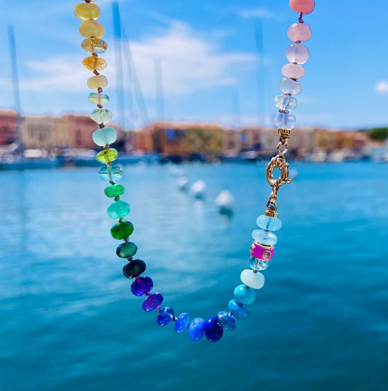 Gold Knotted Multi Gemstone Rainbow Necklace near ocean