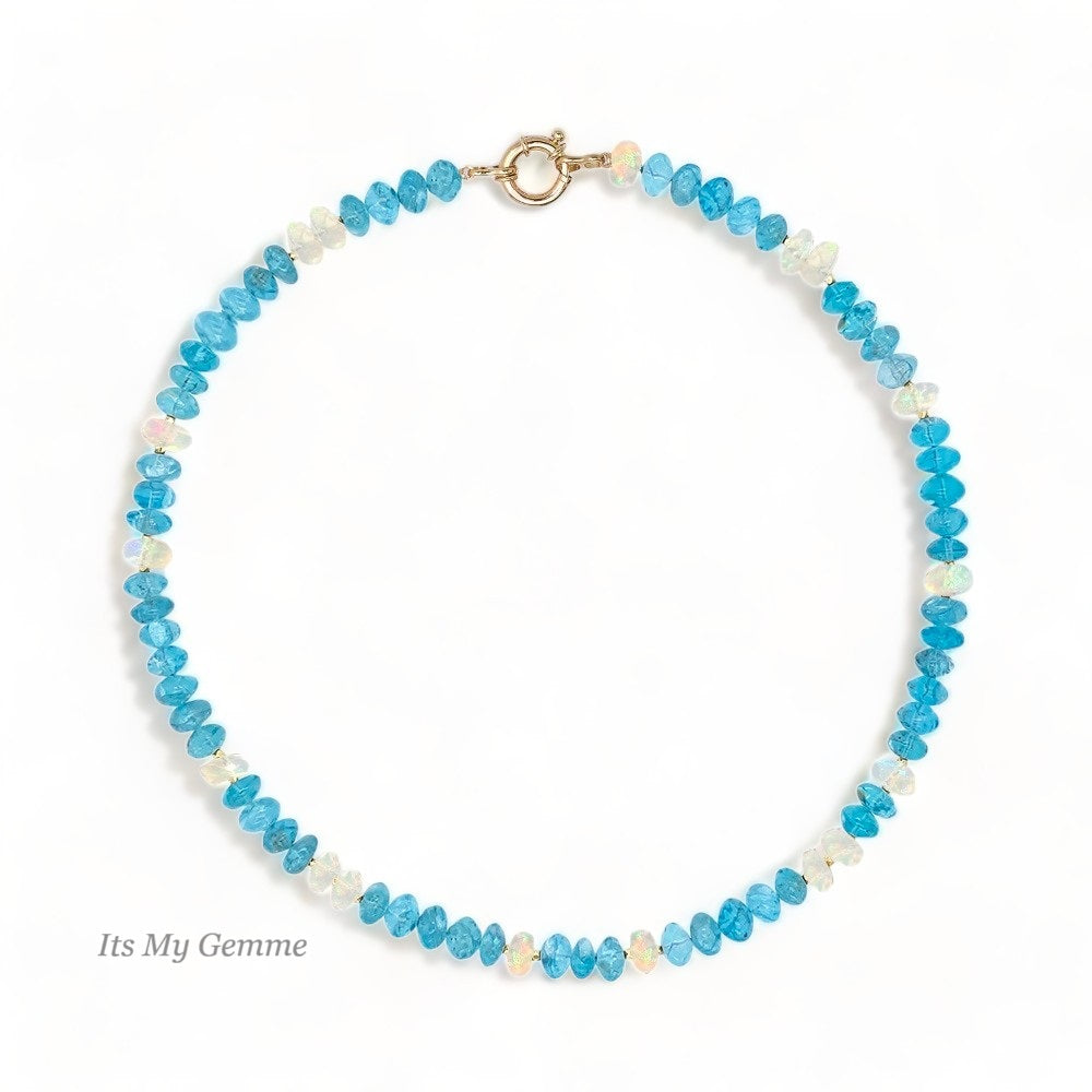 Beaded Welo Opal Candy Necklace with Apatite in 14K Solid Gold