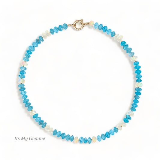 Beaded Welo Opal Candy Necklace with Apatite in 14K Solid Gold